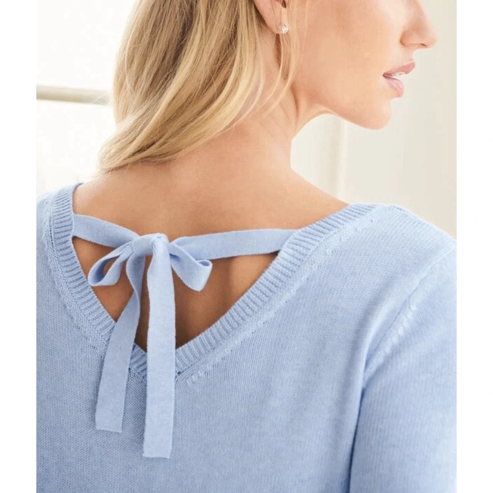 Talbots Double V-Neck Tie Back Sweater Light Blue Small Petite Preppy Coquette‎
